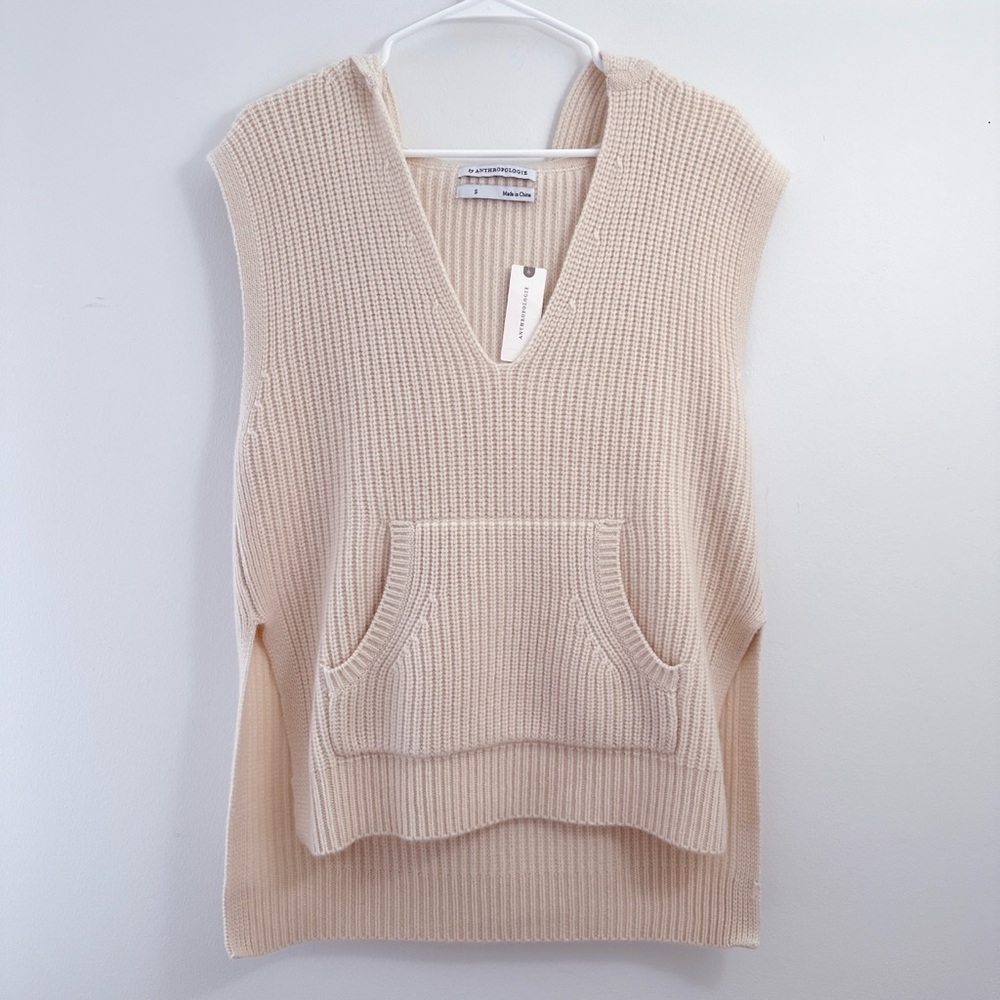 Anthropologie 100% Cashmere V-Neck Hooded Sleeveless Sweater Vest In Ivory NWT